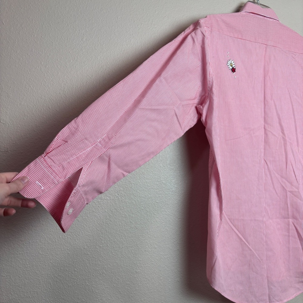 Las Olas Ladybug Embroidered Shirt Womens Small Red Pinstripe Rhinestone Vintage - Picture 14 of 15